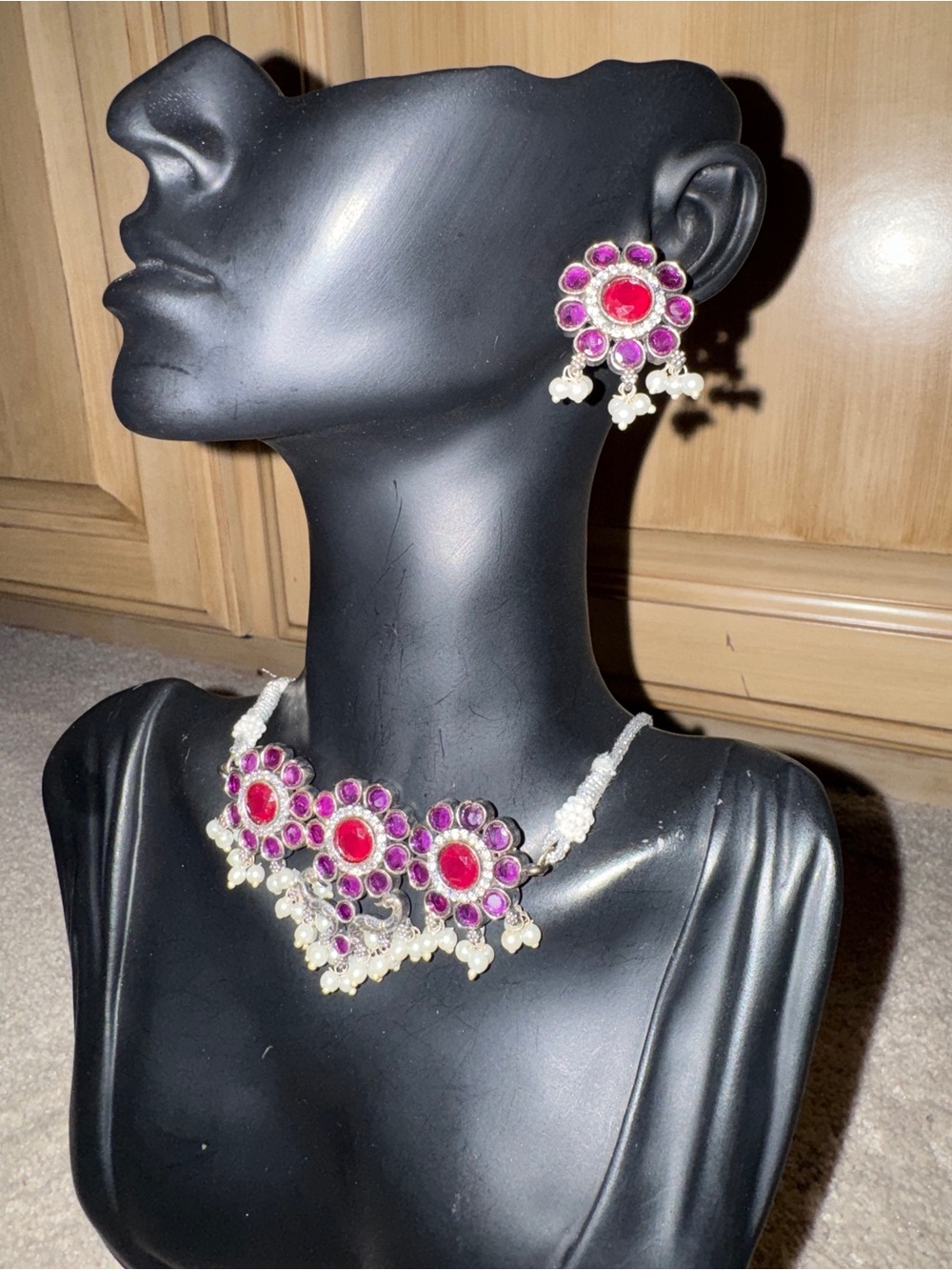 Handcrafted Pink Floral Statement Necklace & Earring Set